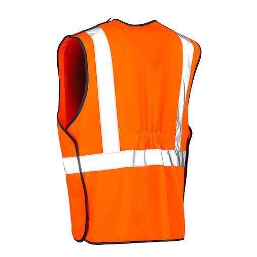 Fluorescent orange breakaway hi vis vest with reflective tape around the chest and over the shoulders