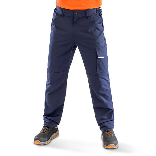 Black slim fit stretch work trousers with thigh pockets, ruler pocket and articulated knees