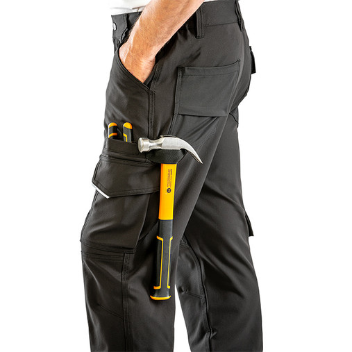 Black slim fit stretch work trousers with thigh pockets, ruler pocket and articulated knees