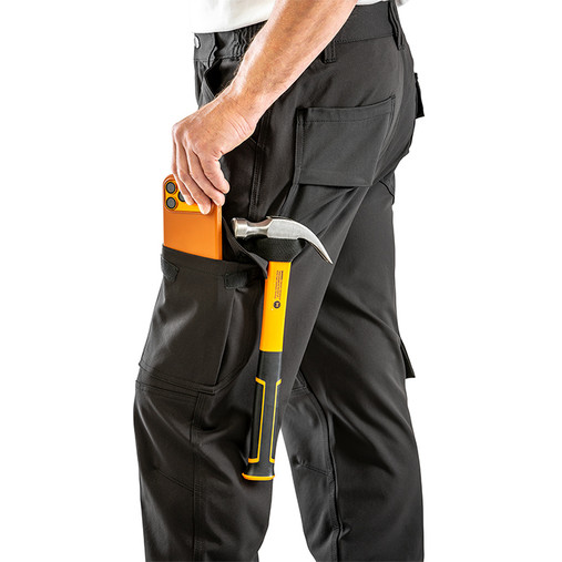 Black slim fit stretch work trousers with thigh pockets, ruler pocket and articulated knees