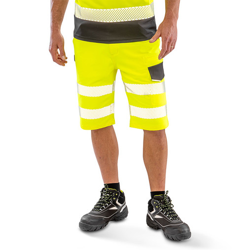 Fluorescent orange hi vis stretch work shorts with printed reflective bands and pockets