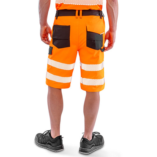 Fluorescent orange hi vis stretch work shorts with printed reflective bands and pockets