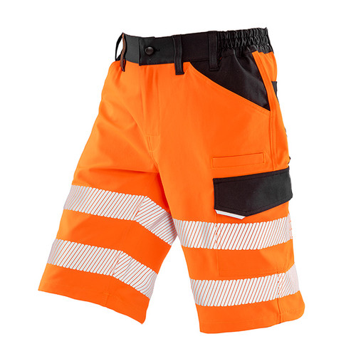 Fluorescent orange hi vis stretch work shorts with printed reflective bands and pockets