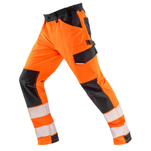 Fluorescent orange hi vis stretch work trousers with printed reflective bands and thigh pockets