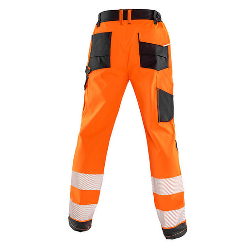 Fluorescent orange hi vis stretch work trousers with printed reflective bands and thigh pockets