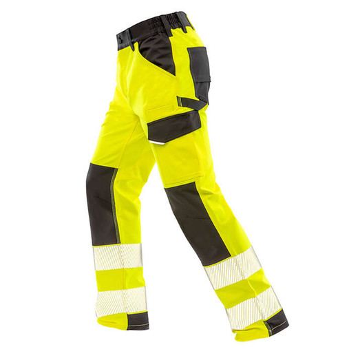 Fluorescent orange hi vis stretch work trousers with printed reflective bands and thigh pockets
