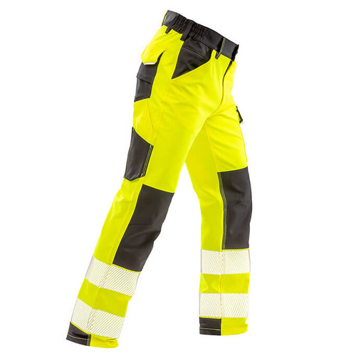 Fluorescent orange hi vis stretch work trousers with printed reflective bands and thigh pockets