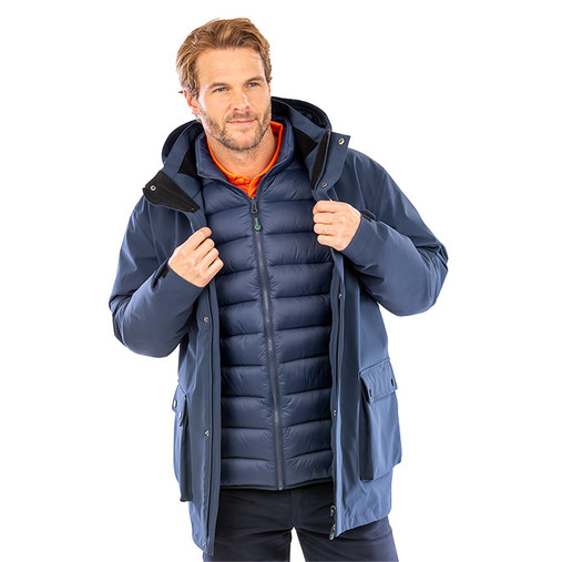 Black 3-in-1 ripstop work jacket with hood, front patch pockets and zip through collar