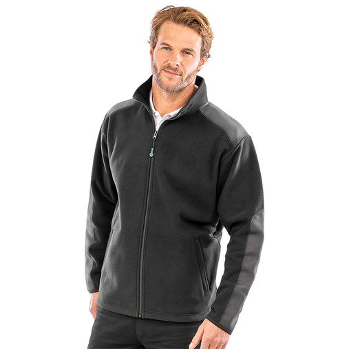 Black heavy duty fleece jacket with contrast shoulder and elbow patches and stand-up collar
