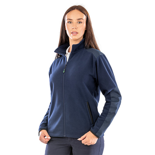 Black heavy duty fleece jacket with contrast shoulder and elbow patches and stand-up collar