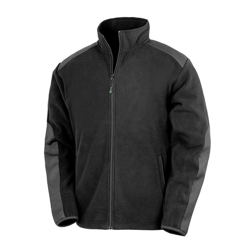 Black heavy duty fleece jacket with contrast shoulder and elbow patches and stand-up collar