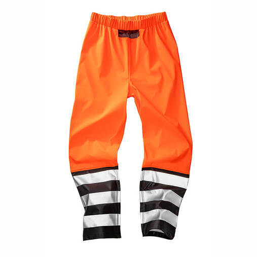 Fluorescent orange waterproof hi vis trousers with black mesh panels and reflective leg bands