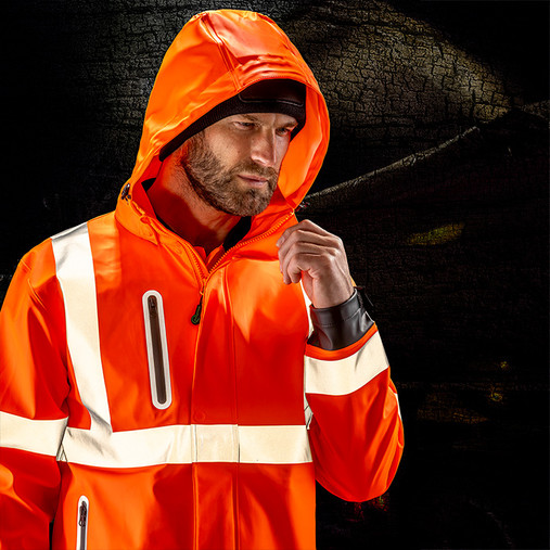 Fluorescent orange and black waterproof hi vis jacket with reflective bands and hood