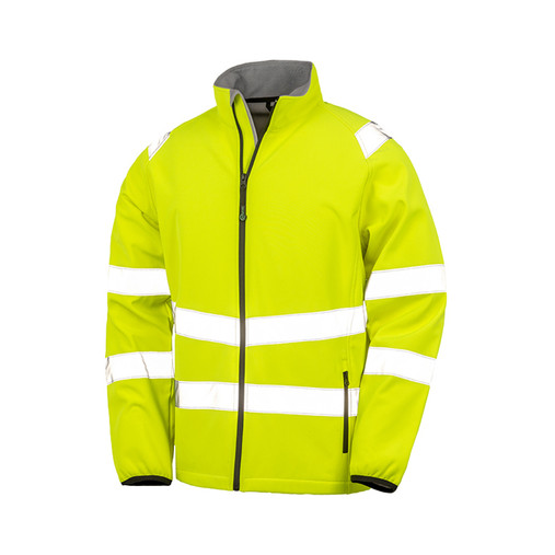 Fluorescent orange hi vis softshell jacket with sewn reflective bands and black cuffs