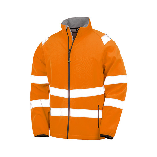 Fluorescent orange hi vis softshell jacket with sewn reflective bands and black cuffs