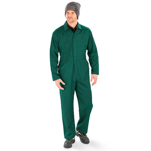 Black zip front overalls with storm flap, chest zip pocket and hip pockets