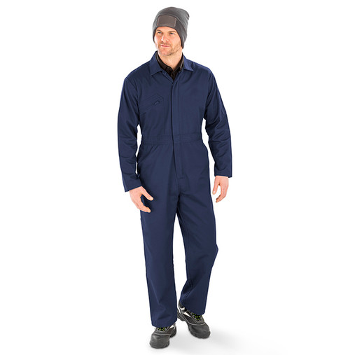 Black zip front overalls with storm flap, chest zip pocket and hip pockets