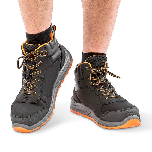 Black, grey and orange nubuck leather safety boot with padded ankle collar and laces