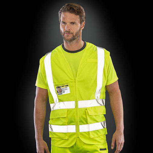 Fluorescent orange mesh hi vis vest with reflective bands, zip front and patch pockets