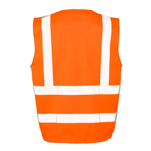Fluorescent orange mesh hi vis vest with reflective bands, zip front and patch pockets