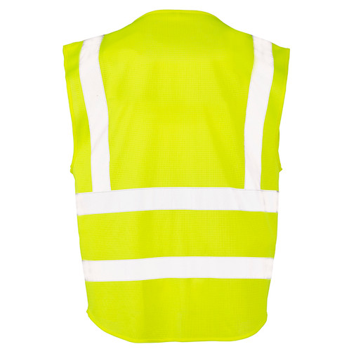 Fluorescent orange mesh hi vis vest with reflective bands, zip front and patch pockets