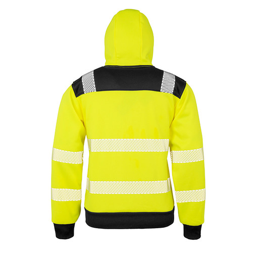 Fluorescent orange and black zip through hi vis hoodie with printed reflective bands
