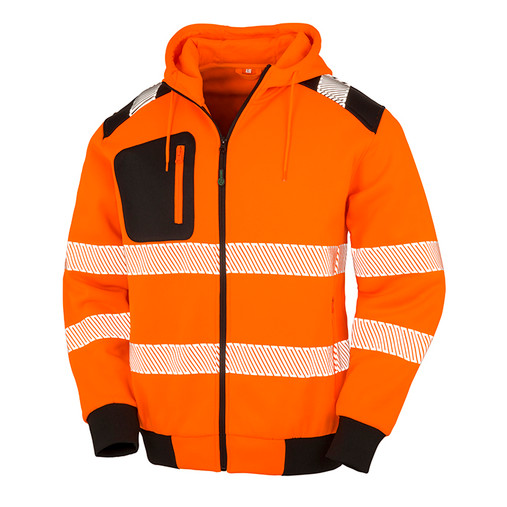Fluorescent orange and black zip through hi vis hoodie with printed reflective bands
