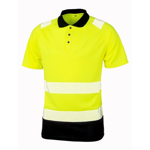 Fluorescent orange hi vis polo shirt with black collar, button placket and printed reflective bands