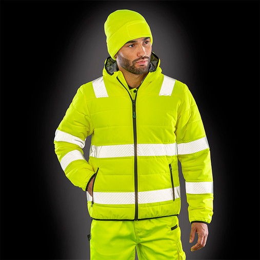 Fluorescent orange padded hi vis jacket with hood, reflective bands and zipped front pockets