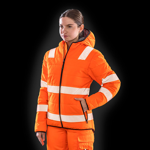 Fluorescent orange padded hi vis jacket with hood, reflective bands and zipped front pockets