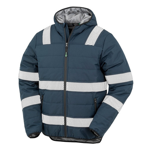 Fluorescent orange padded hi vis jacket with hood, reflective bands and zipped front pockets