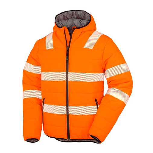 Fluorescent orange padded hi vis jacket with hood, reflective bands and zipped front pockets