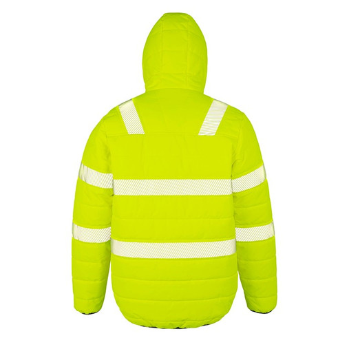 Fluorescent orange padded hi vis jacket with hood, reflective bands and zipped front pockets