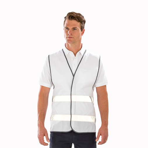 Black enhanced visibility vest with sewn reflective tapes over the shoulders and grey bound edges