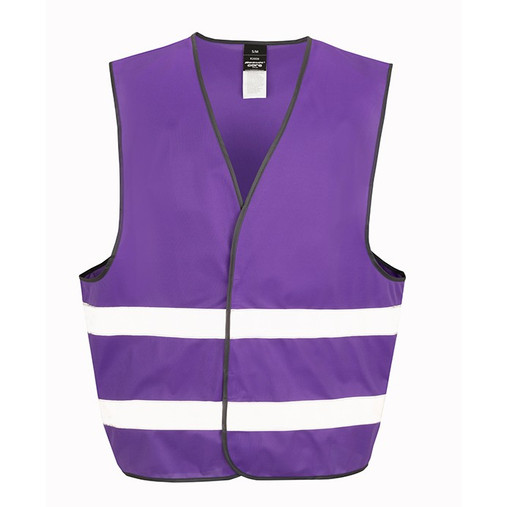 Black enhanced visibility vest with sewn reflective tapes over the shoulders and grey bound edges