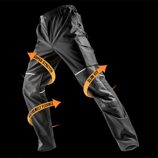 Black slim fit softshell work trousers with knee panels, cargo thigh pocket and reflective detail