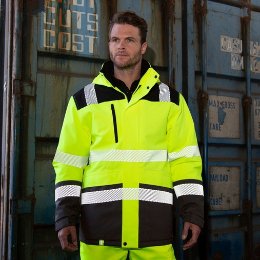 Hi vis orange and black softshell safety coat with hood, safety bands and dark lower panels