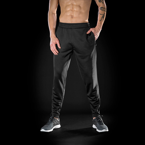 Black mens slim fit joggers with drawcord waist, zipped ankles and grey inner trim