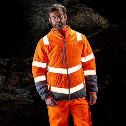 Hi vis yellow padded safety jacket with grey trim, reflective bands and zip through collar