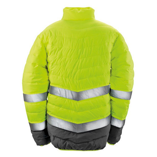 Hi vis yellow padded safety jacket with grey trim, reflective bands and zip through collar