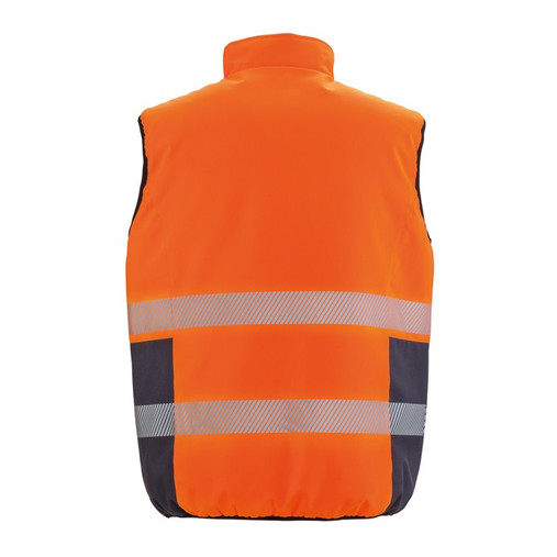 Reversible padded gilet in hi vis orange with reflective bands, navy reverse and stand up collar