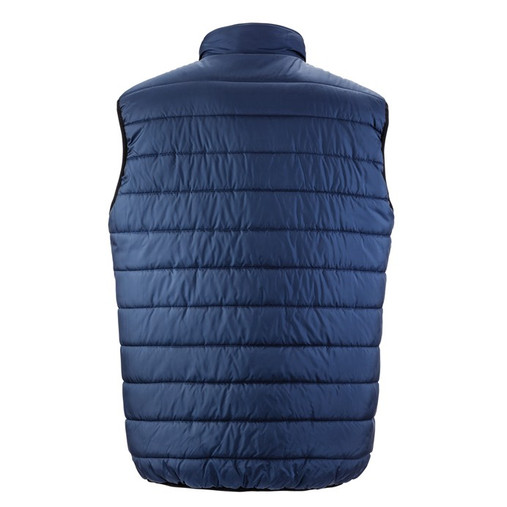 Reversible padded gilet in hi vis orange with reflective bands, navy reverse and stand up collar