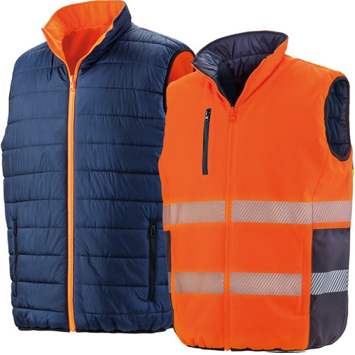 Reversible padded gilet in hi vis orange with reflective bands, navy reverse and stand up collar