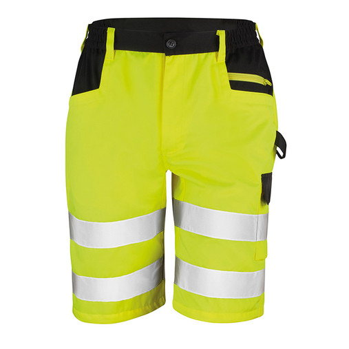 Hi vis yellow cargo work shorts with reflective bands, black panels and side cargo pocket