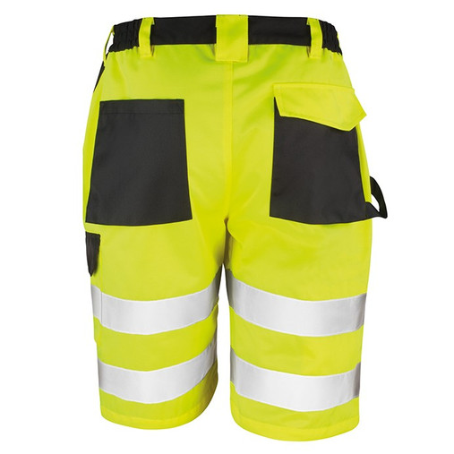 Hi vis yellow cargo work shorts with reflective bands, black panels and side cargo pocket