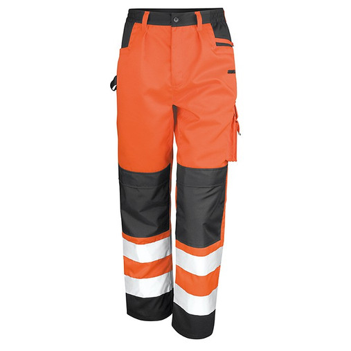 Hi vis orange cargo work trousers with wide reflective bands, knee pad pockets and dark panels