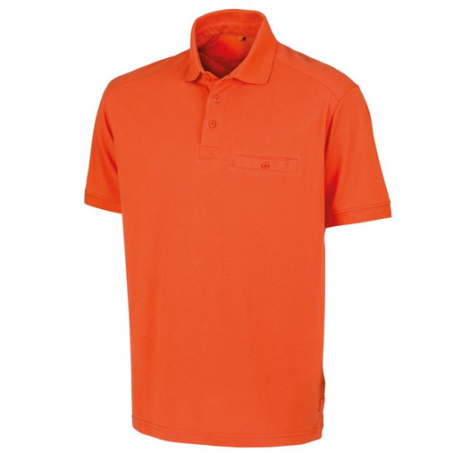 Navy poly cotton work polo shirt with buttoned chest pocket and flat knit collar