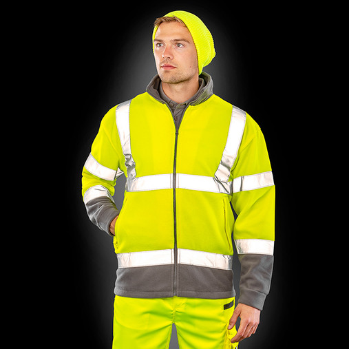 Hi vis yellow microfleece jacket with grey panels, reflective bands and stand up collar