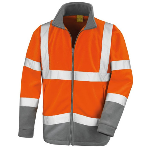 Hi vis yellow microfleece jacket with grey panels, reflective bands and stand up collar