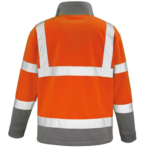 Hi vis yellow microfleece jacket with grey panels, reflective bands and stand up collar
